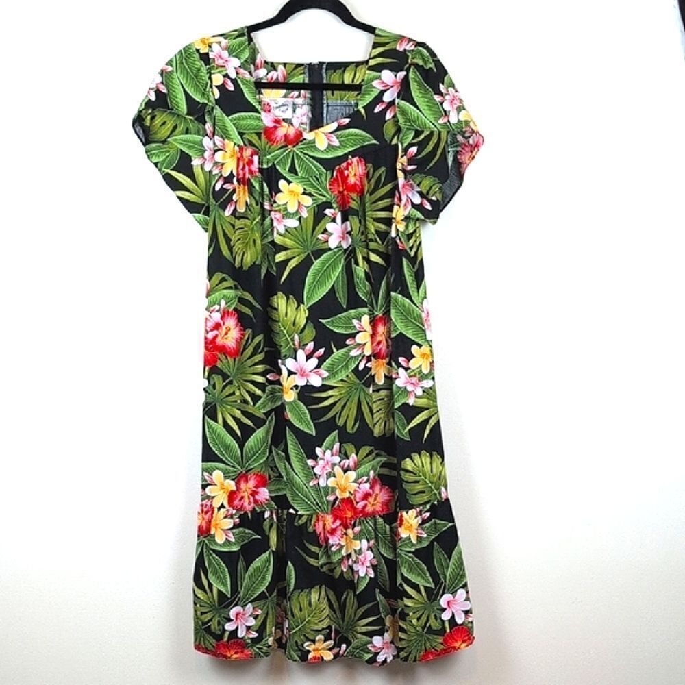 Hilo Hattie The Hawaiian Original Tropical Floral Tulip Sleeve Dress Size L